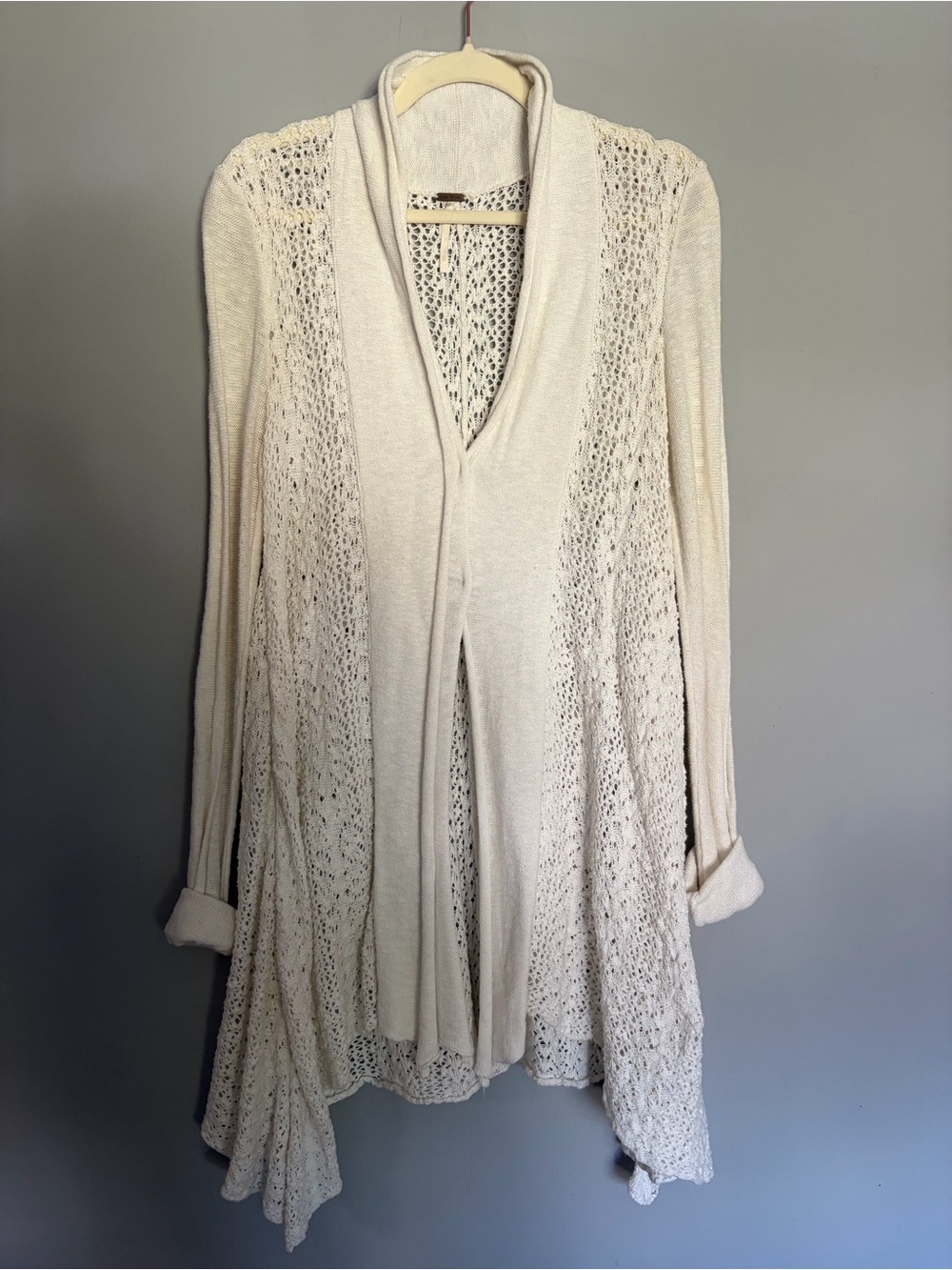 Free People Open Knit Cardigan Sweater Size M Cream Sharkbite Hem Boho Duster